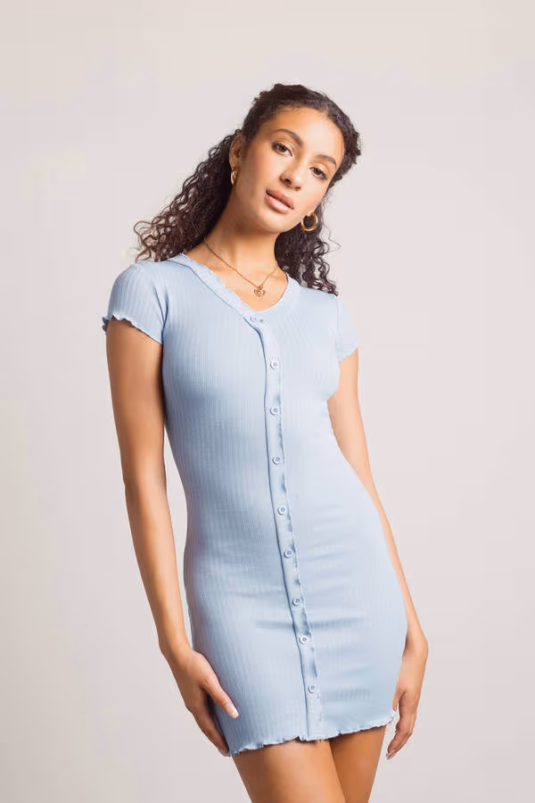 Nanae Ribbed Button Up Mini Dress - Blue