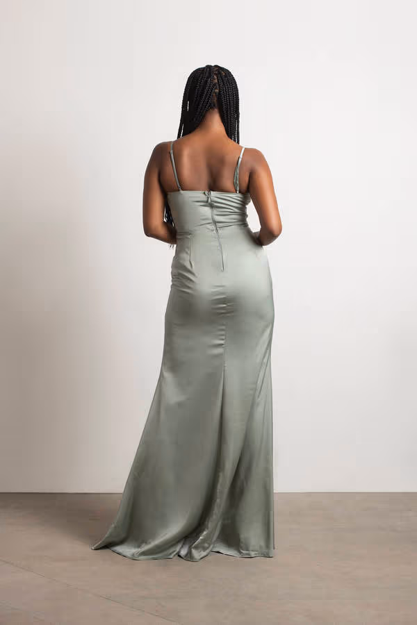 One More Night Satin High Slit Maxi Dress - Emerald
