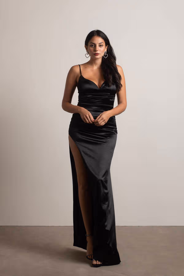 Heartbreaker Satin High Slit Maxi Dress - Black