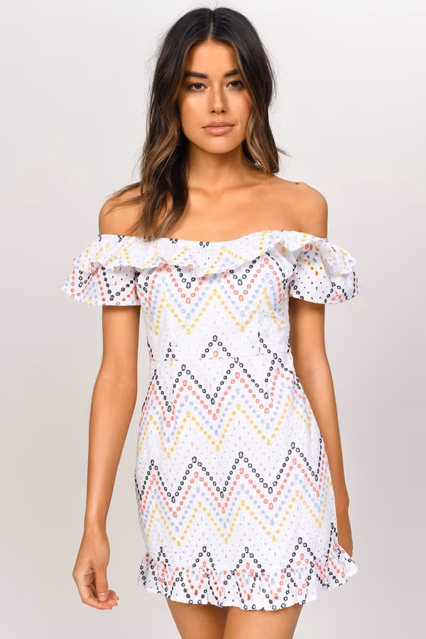 Tara Ruffle Off The Shoulder Mini Dress - White Multi