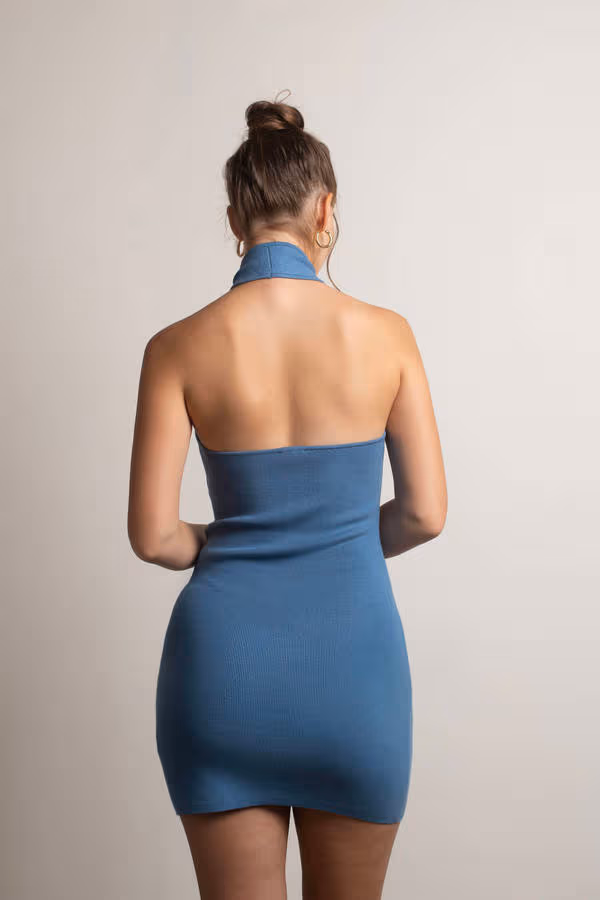 Past Nine Cross Halter Open Back Mini Dress - Blue