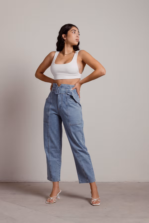 Crenshaw Light Wash High Waist Belted Seamed Straight Leg Jeans