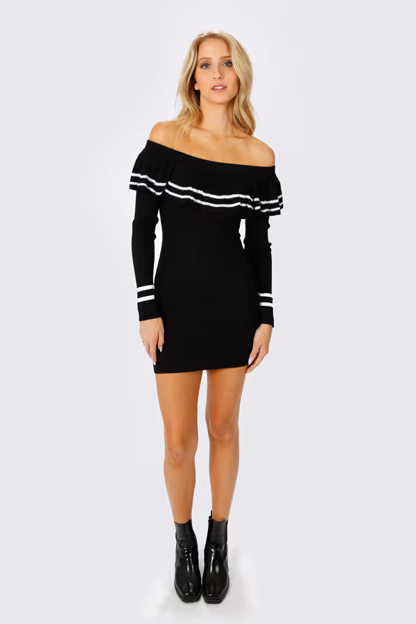 Christina Ribbed Off The Shoulder Mini Dress - Black