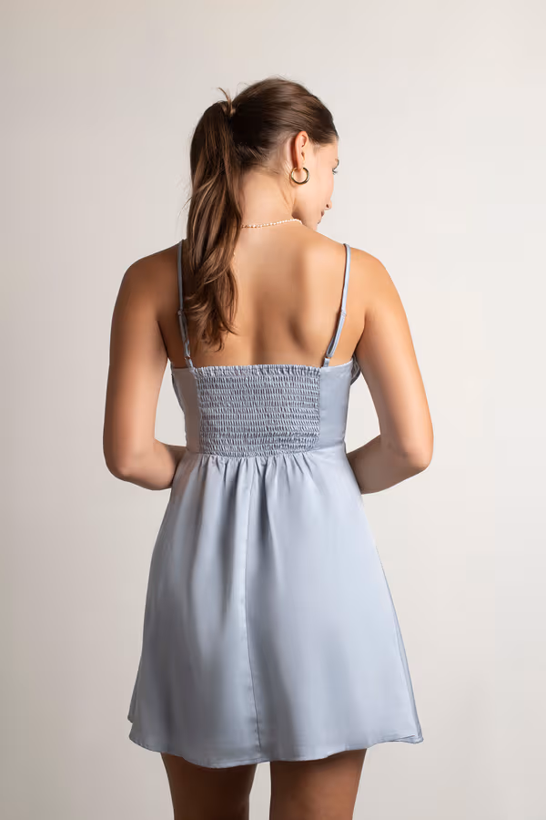 Heavenly Touch Satin Ruched Mini Dress - Icy Blue