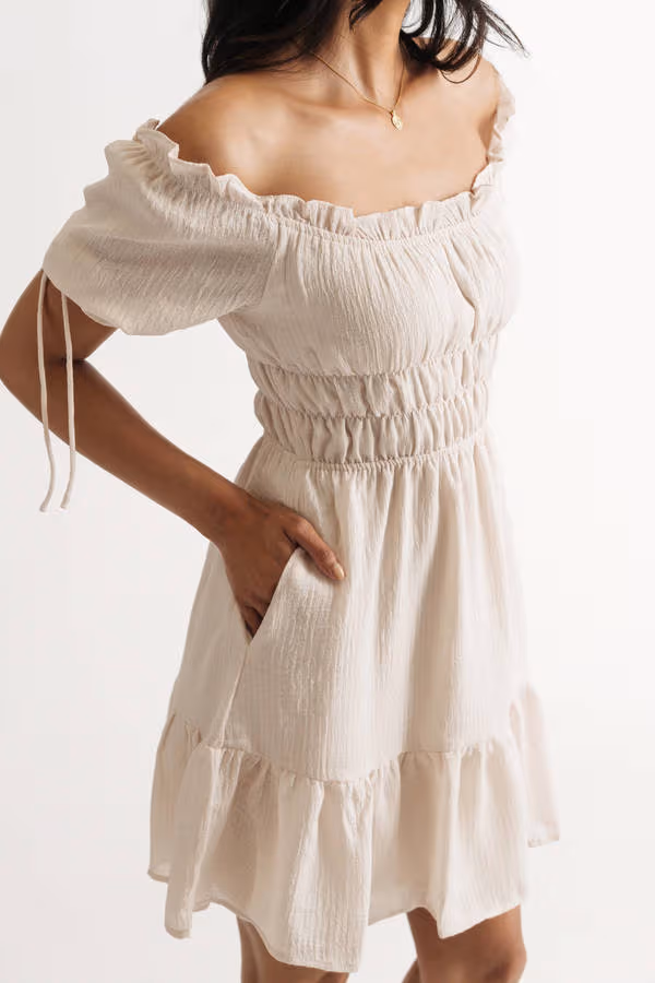 Nori Off The Shoulder Skater Mini Dress - Beige