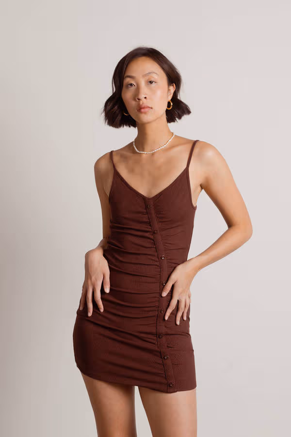 Alina Ruched Bodycon Mini Dress - Chocolate Brown