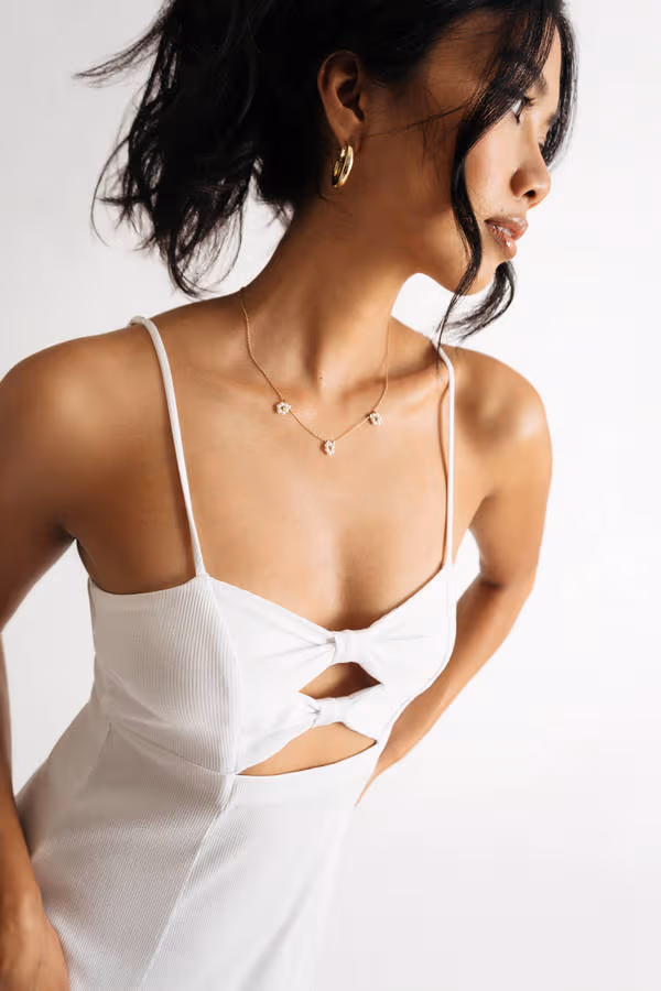 Maira Off White Ribbed Bow Tie Cutout Mini Dress