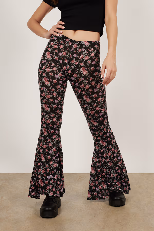 Floral A-Flare Flared Pants - Black Floral