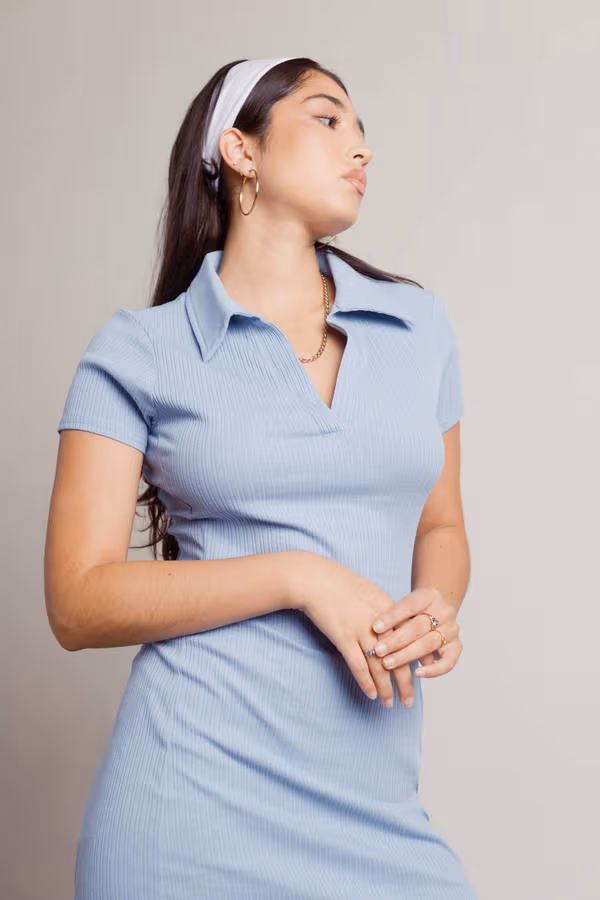 Break Point Collared Ribbed Mini Dress - Olive