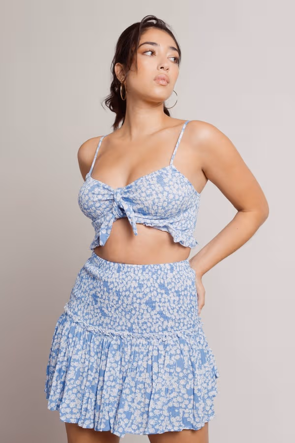 Come With Me Floral Crop Top and Mini Skirt Set - Blue