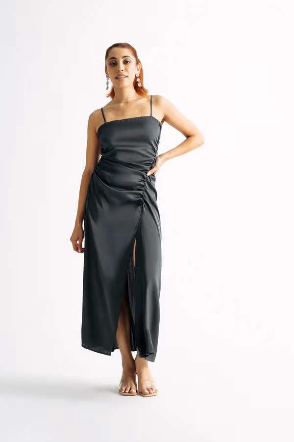 Kylie Ruched Slit Midi Dress - Dark Green