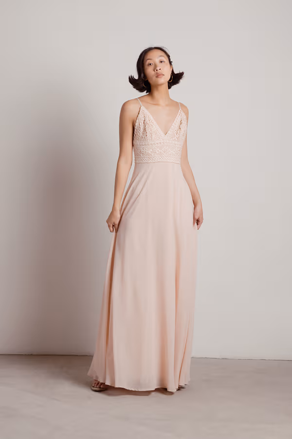 Enchanted Crochet Deep V Maxi Dress - Blush