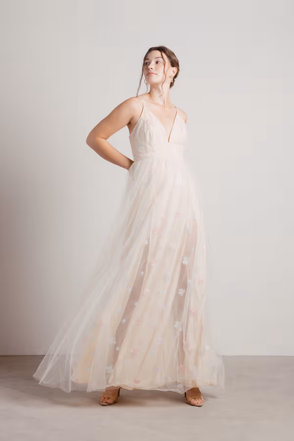 Spring Flowers Embroidered Sheer Maxi Dress - Beige
