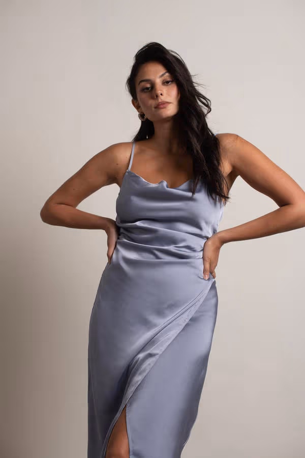 Maddy Satin Slit Midi Dress - Blush