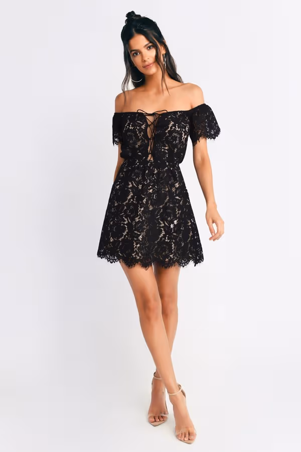 Eden Lace Off The Shoulder Mini Dress - Black