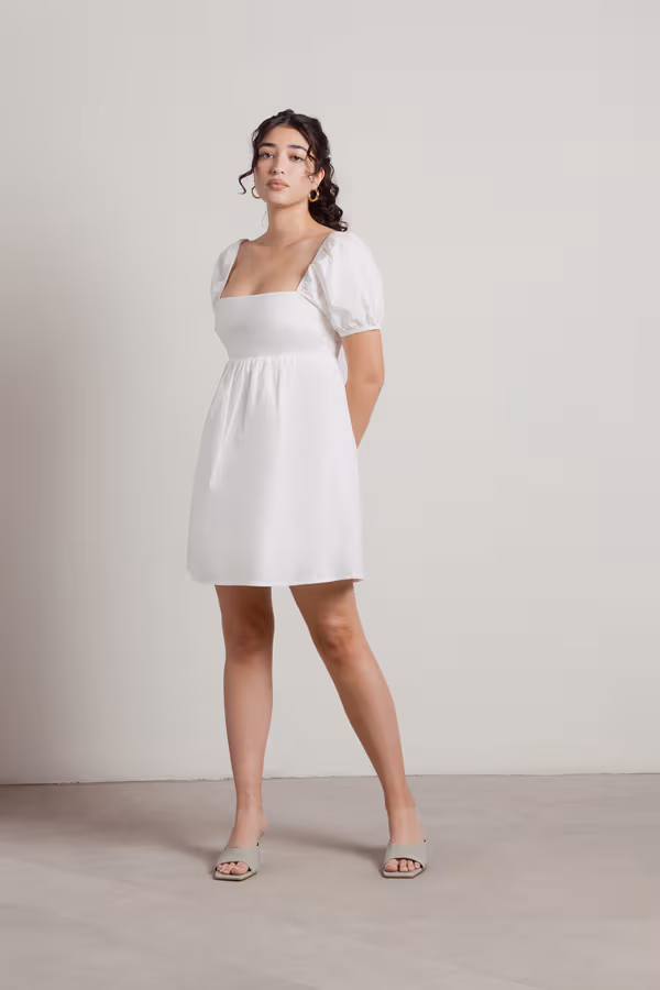 Love You Less White Back Tie Puff Sleeve Babydoll Dress
