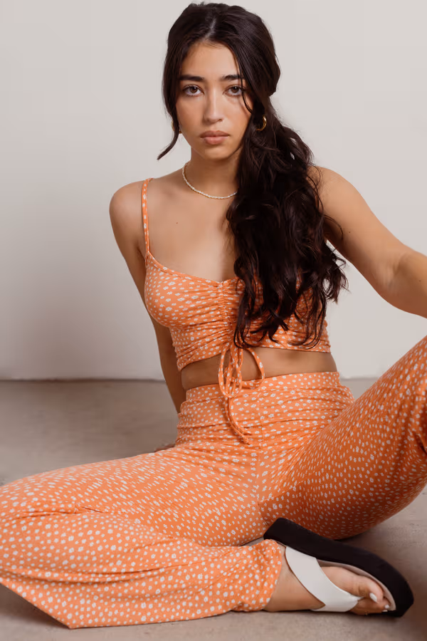 On My Mind Floral Crop Top and Pants Set - Coral