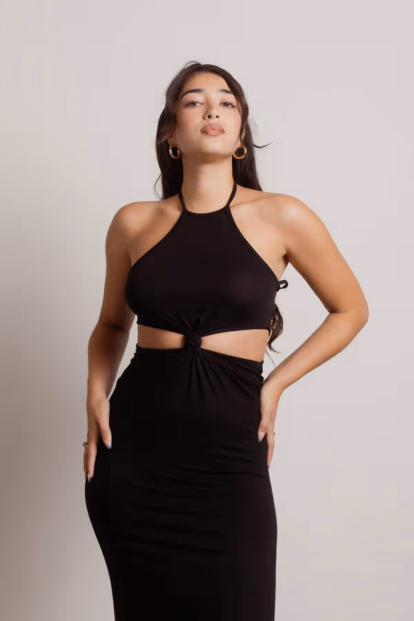 One Way Cutout Halter Midi Dress - Black