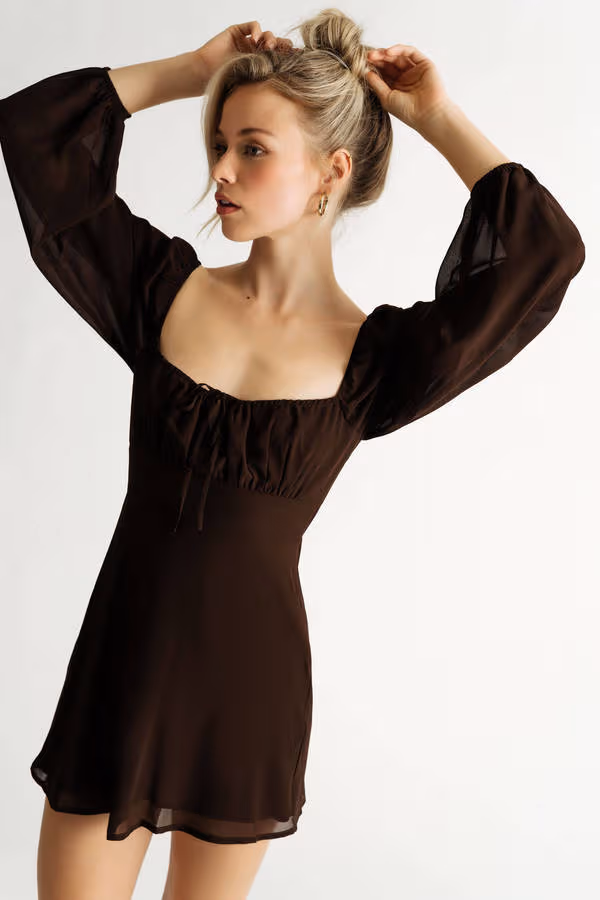 Send A Text Brown Puff Sleeve Skater Mini Dress