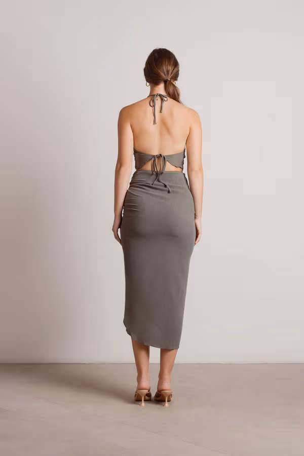 No Shame Olive Halter Crop Top And Drawstring Midi Skirt