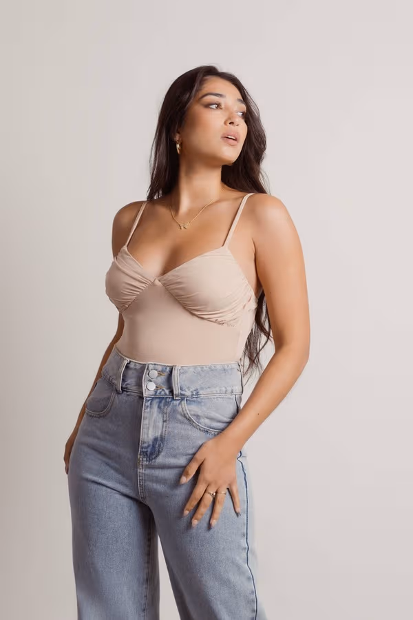 One Wish Ruched Bust Bodysuit - Beige