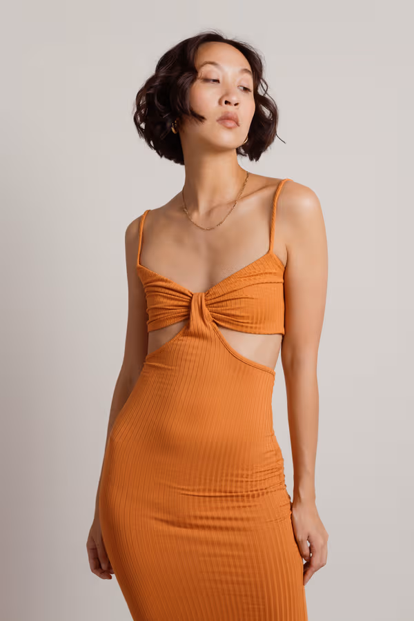 Oh I See Cutout Ribbed Midi Dress - Mocha