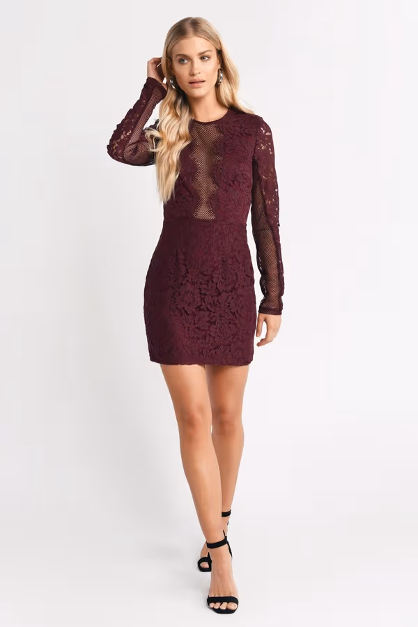 Raven Lace Bodycon Mini Dress - Wine