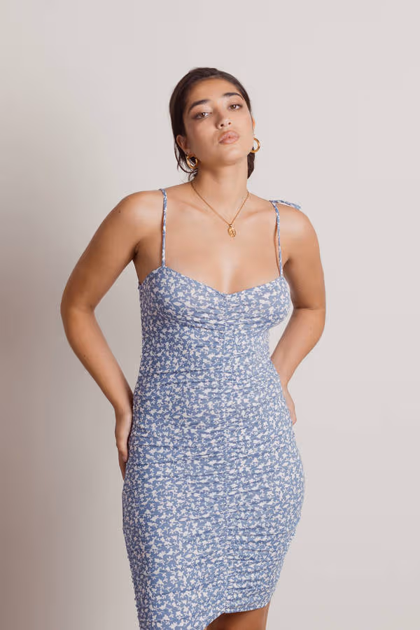 Predictable Floral Ruched Mini Dress - Blue