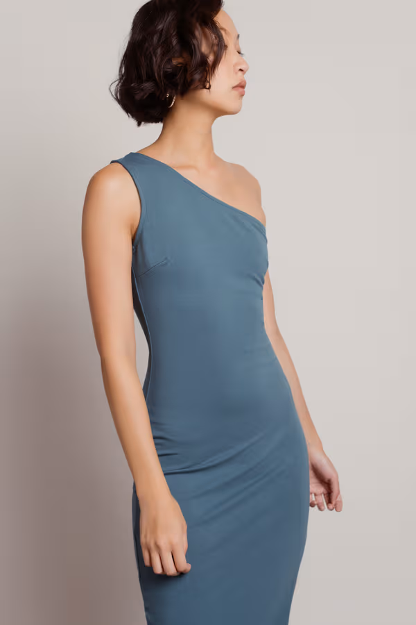 Riviera One Shoulder High Slit Midi Dress - Balsam Green