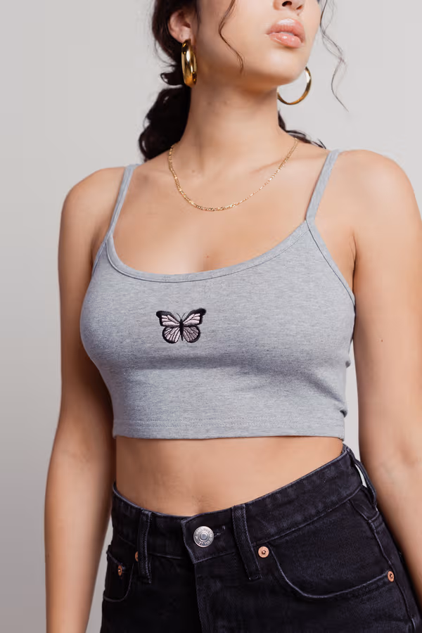 Free Butterfly Embroidered Crop Top - Olive