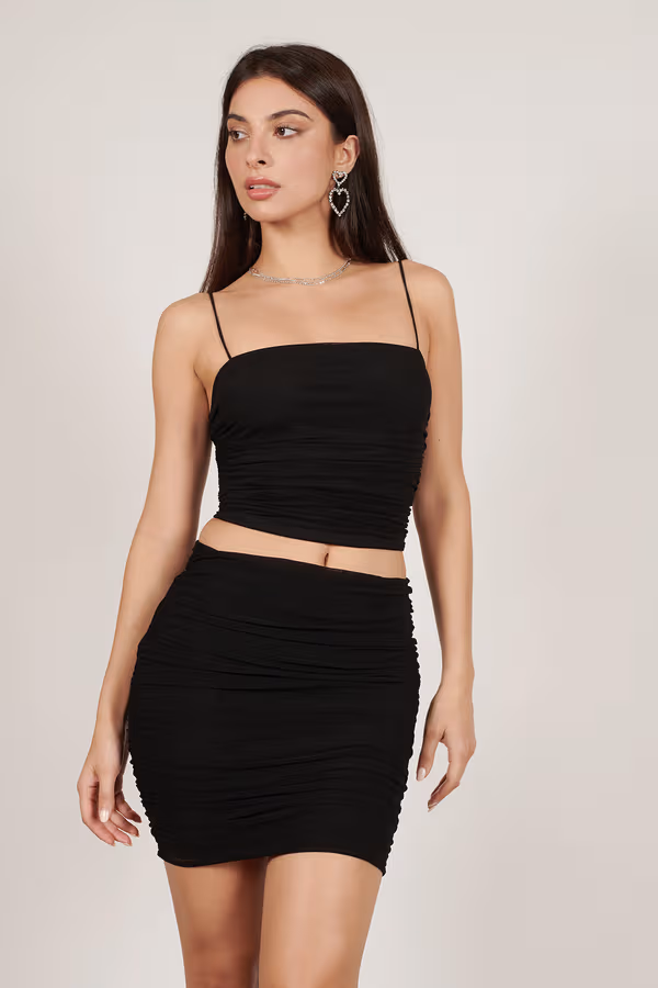 Overnight Ruched Crop Top and Mini Skirt Set - Black