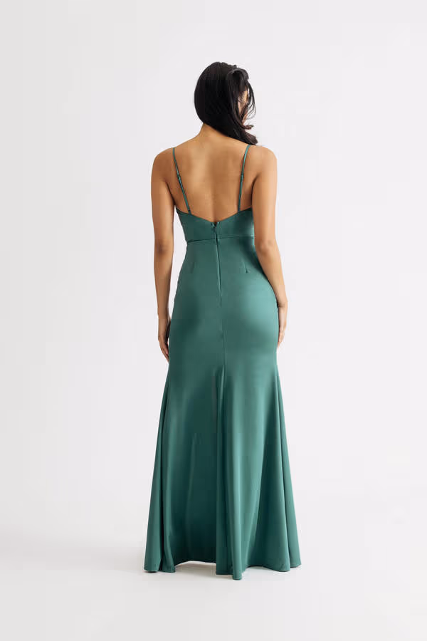 Nicola Green Satin Shirred Slit Maxi Dress