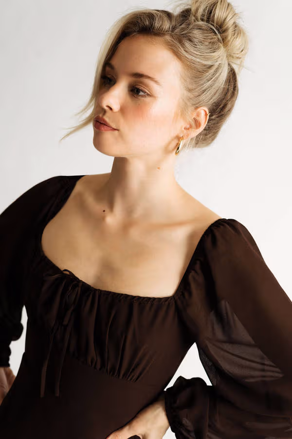 Send A Text Brown Puff Sleeve Skater Mini Dress