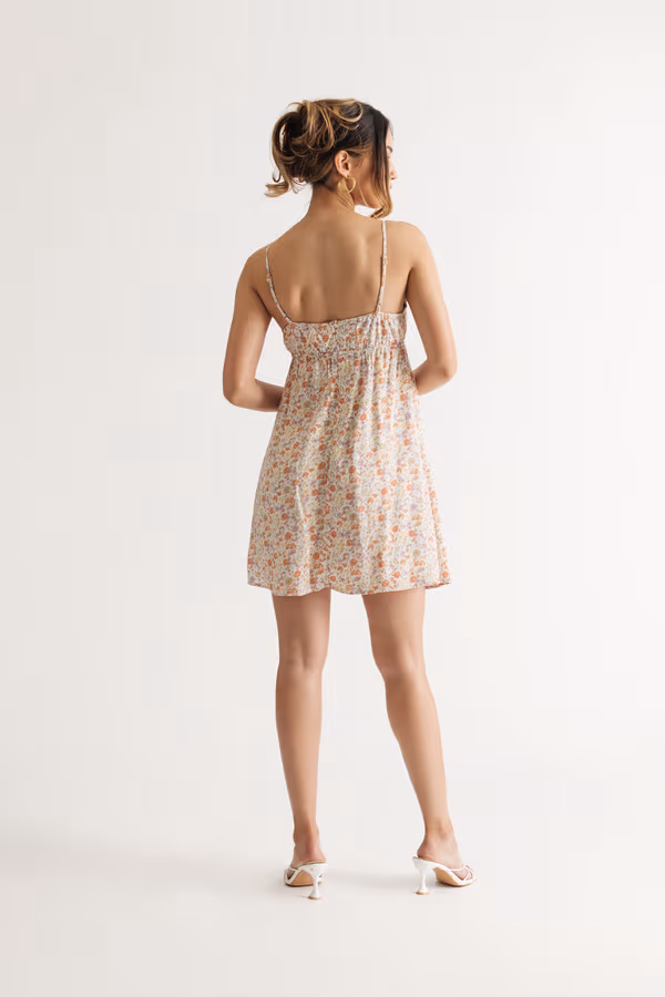 Jovie Floral Babydoll Mini Dress - Beige