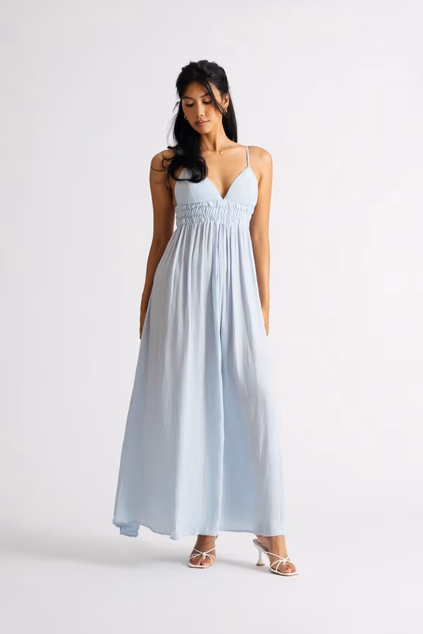 Celine Checkered Smocked Midi Dress - Blue