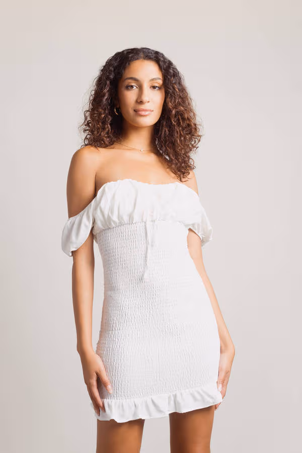 Here We Are Off The Shoulder Smocked Mini Dress - White