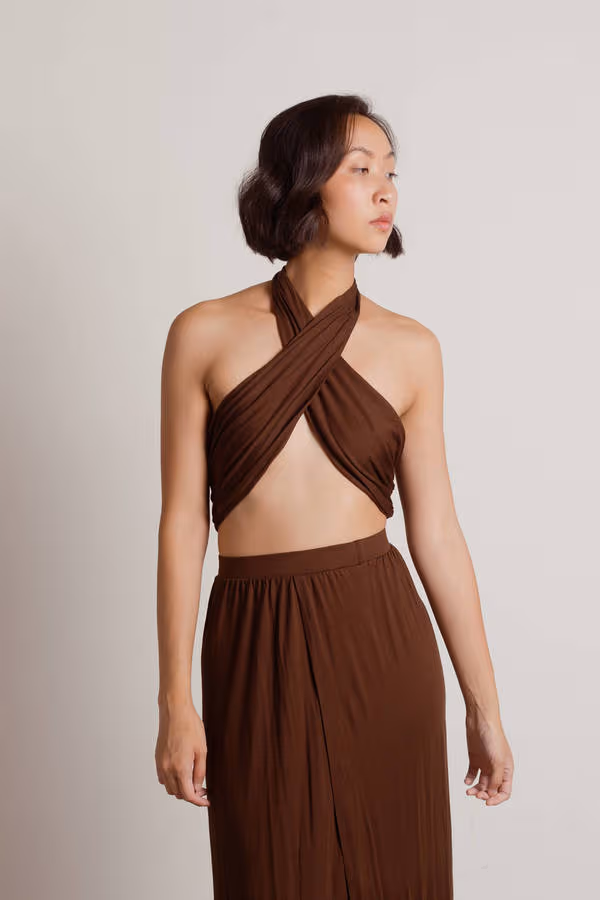 Naya Cross Halter Top and Slit Maxi Skirt Set - Brown