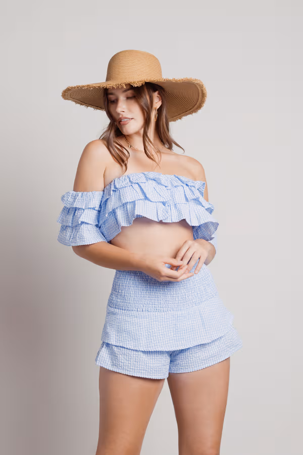 Yacht Party Ruffle Crop Top and Short Set - Light Blue