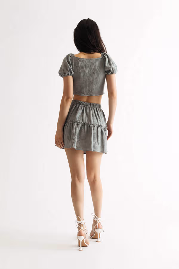 Lesly Floral Crop Top and Mini Skirt Set - Sage Blue