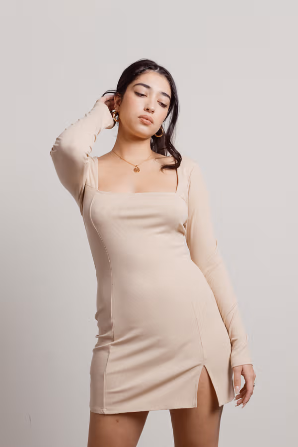 Gambit Square Neck Bodycon Mini Dress - Sand