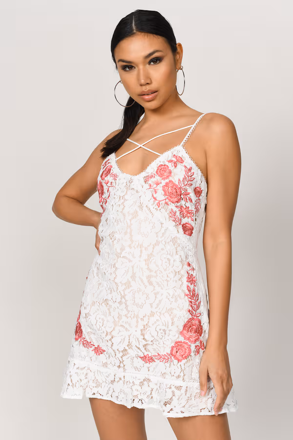 Avery Lace Embroidered Mini Dress - Nude
