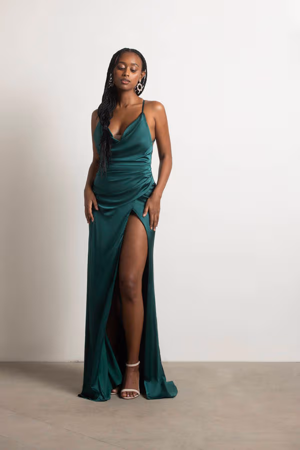Bright Lights Satin High Slit Maxi Dress - Emerald