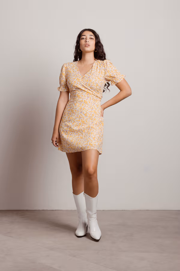 Picket Fence Floral Wrap Mini Dress - Orange