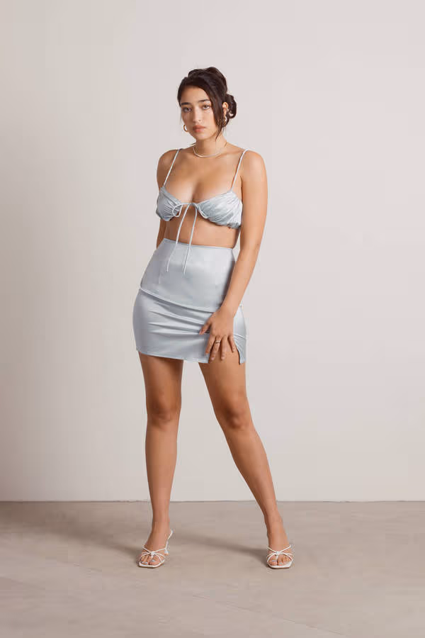 Destined To Love Satin Crop Top and Mini Skirt Set - Mint