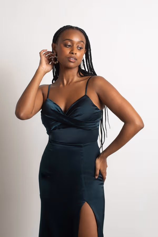 One More Night Satin High Slit Maxi Dress - Emerald