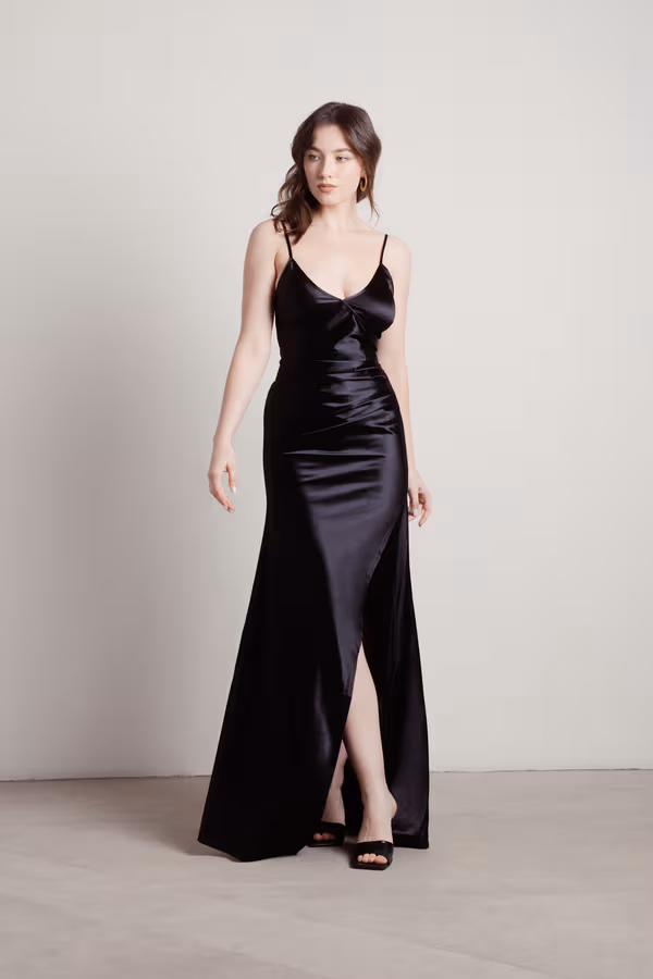 Knightly Dreams Satin High Slit Maxi Dress - Black