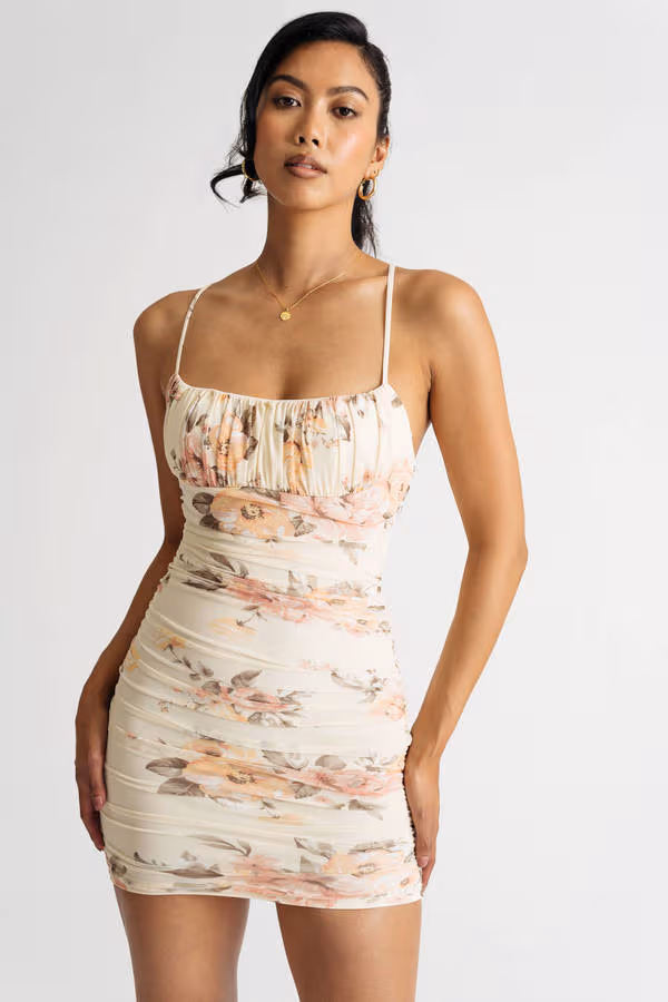 Enjoy It Floral Bodycon Mini Dress - Nude