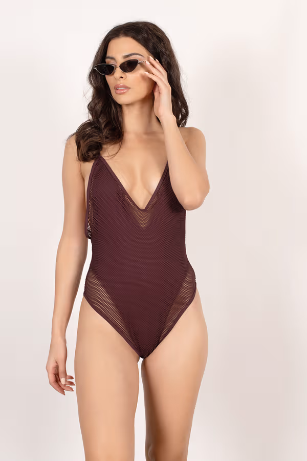 Big Waves Fishnet One Piece Swimsuit - Wine
