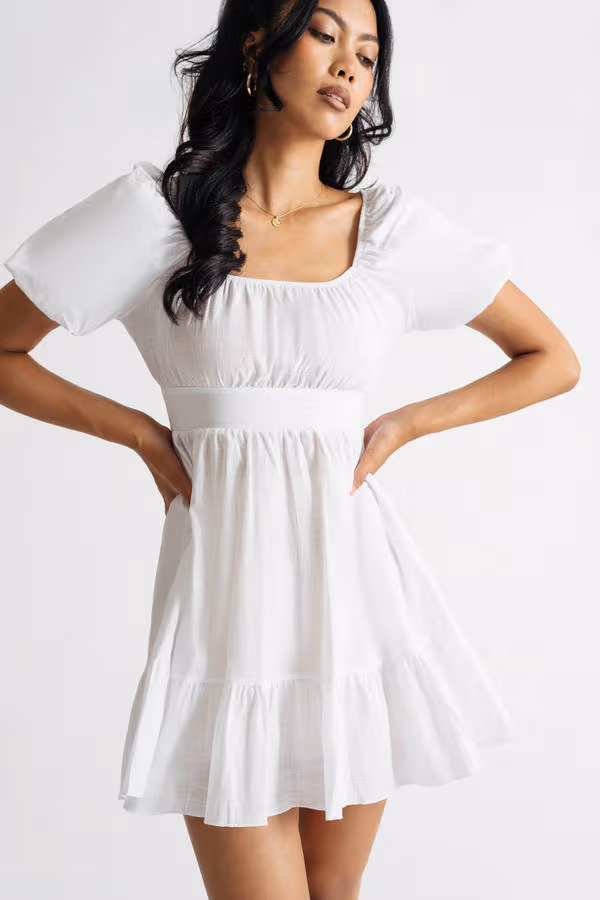 Syrah Puff Sleeve Skater Mini Dress - White