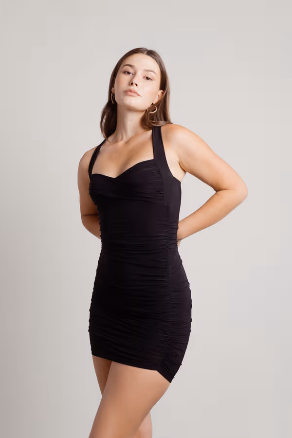Wen Ruched Cross Back Mini Dress - Black